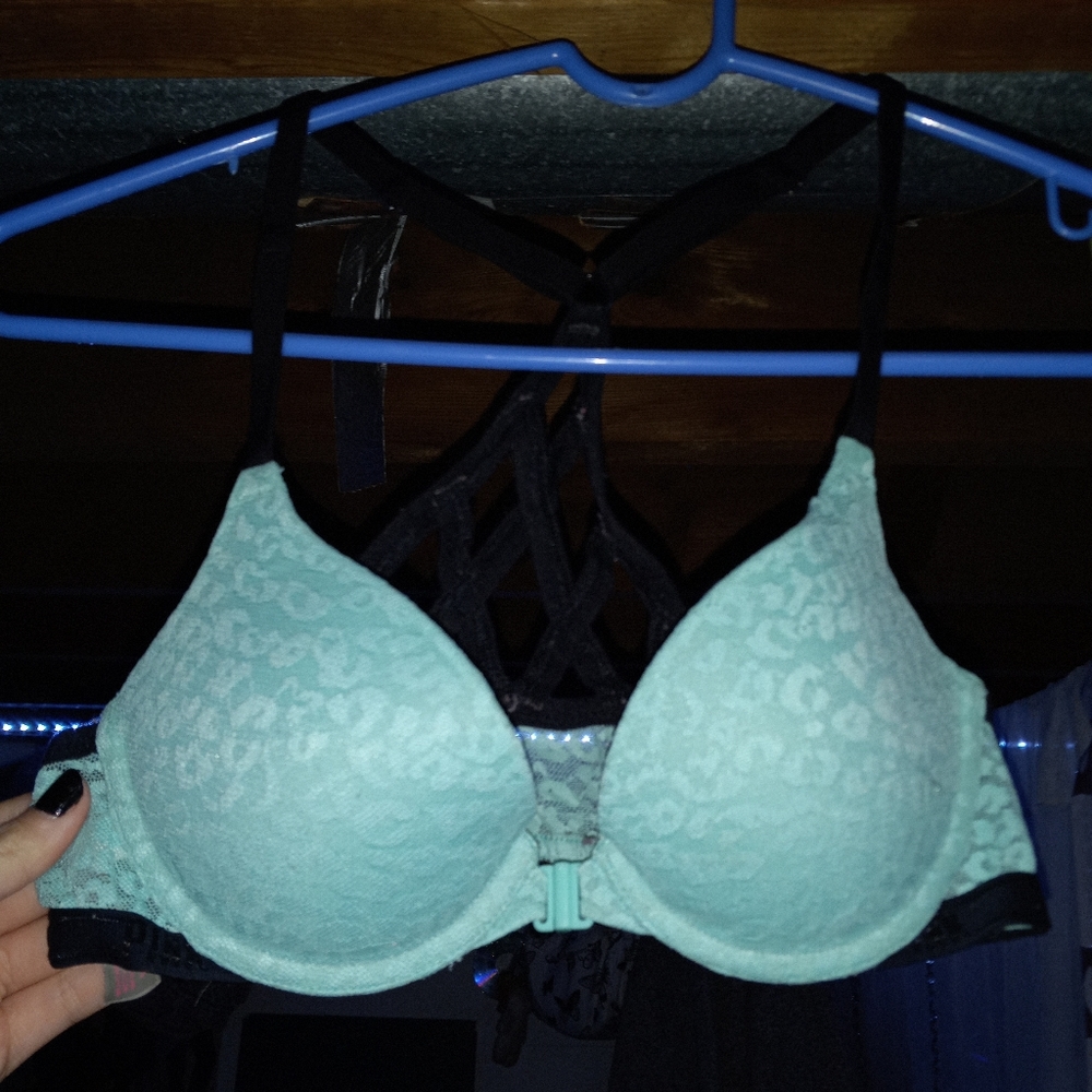 Gilly Hick, 32A, turquoise cheetah print & Navy Blue Lace up,  Push em' Up Bra
